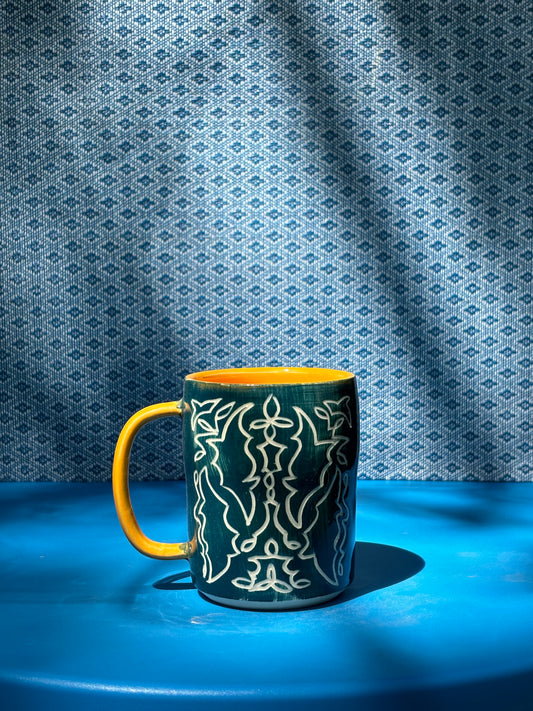 Carved Western Teal and Tangerine Mug